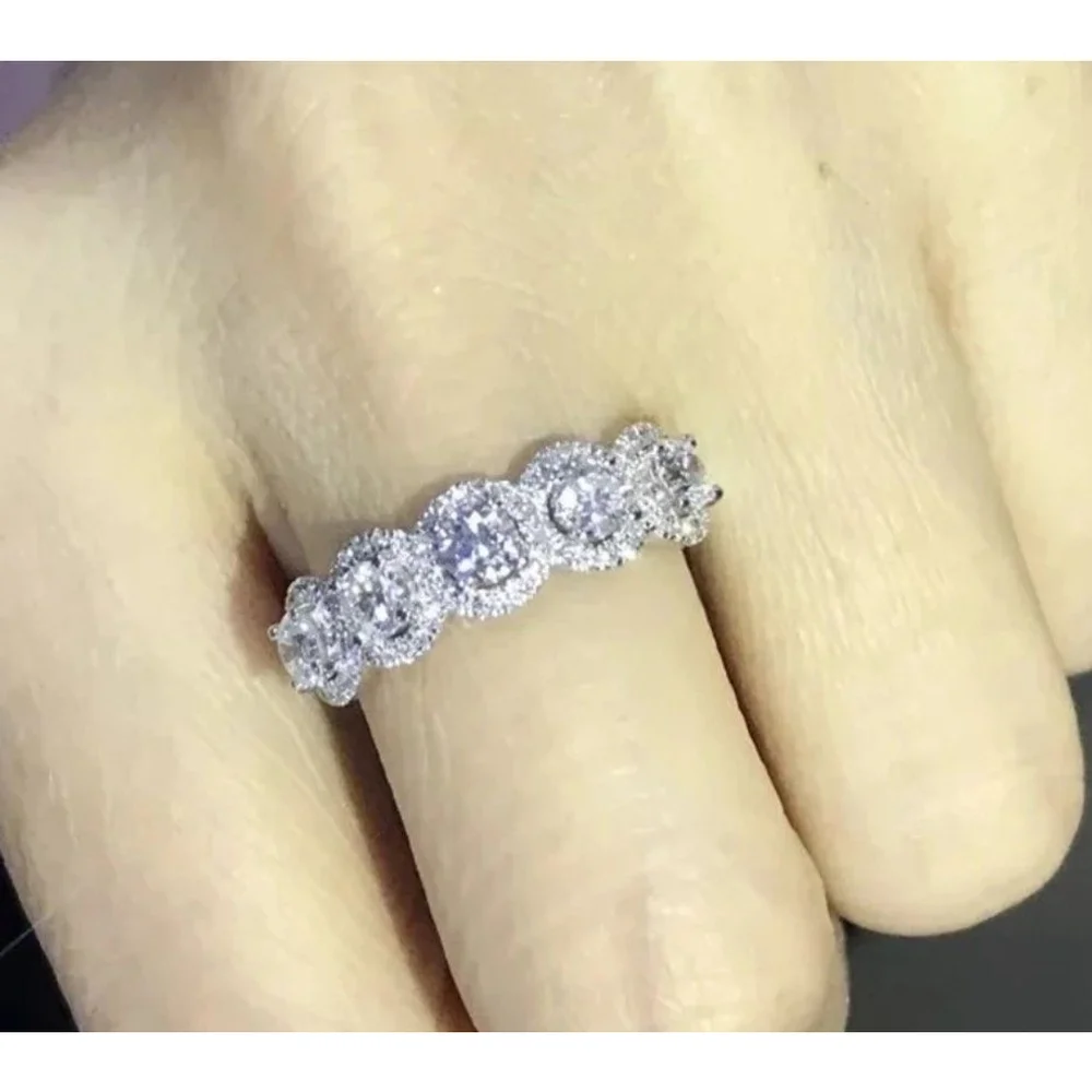 5‎ Stone Halo Simulated Diamond Ring | Platinum Plated Sterling Silver